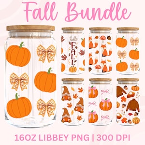 May include: A collection of glass jars with wooden lids, featuring fall-themed designs. The jars showcase pumpkins, bows, foxes, gnomes, and autumn leaves. The text "Fall Bundle" is displayed in pink, and the jars are labeled as 16oz Libbey PNG.