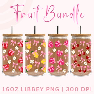 May include: Four glass tumblers with wooden lids and metal straws, each decorated with a different fruit design: strawberries, lemons, raspberries, and cherries. The text "Fruit Bundle" is above the tumblers in pink script.