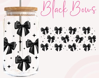 Black Bow Libbey wrap,Black Bows 16oz Glass Can Wrap,16 Oz Glass Cup wrap Png,Coquette Libbey wrap,Black PNG for UV DTF 16oz Can Glass Wrap