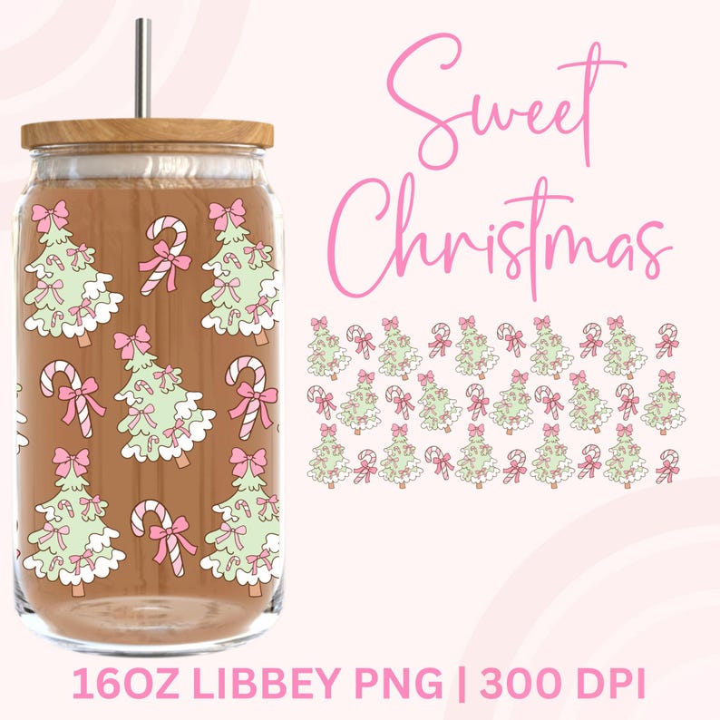May include: A glass tumbler with a bamboo lid and a metal straw, decorated with a festive Christmas tree and candy cane pattern. The words "Sweet Christmas" are written in pink script. The tumbler is designed to hold 473 ml of liquid.