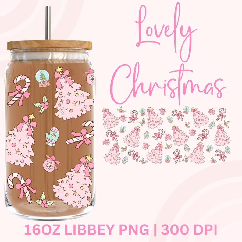 May include: A glass tumbler with a wooden lid and a silver straw. The tumbler is decorated with pink Christmas trees, candy canes, and other festive graphics. The words "Lovely Christmas" are written in pink script.