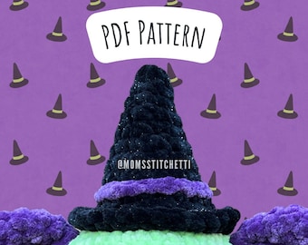 May include: A crochet pattern for a witch hat in black and purple. The pattern is available as a PDF download. The image shows a completed witch hat on a green and purple plush toy. The text "PDF PATTERN" and "@MOMSSTITCHETTI" are visible in the image.