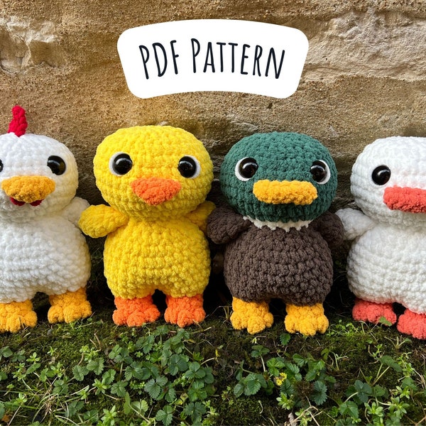 No Sew Crochet Pattern, 4 in 1 Amigurumi Instructions for Duck, Chicken, Goose, and Chick, Farm Animal Crochet Plushie, Easter Gift
