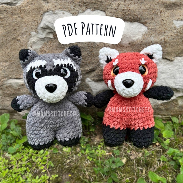 Racoon and Red Panda Crochet Pattern, Low Sew Amigurumi Instructions, Crochet Raccoon, Woodland Animal, Cute Birthday Gift