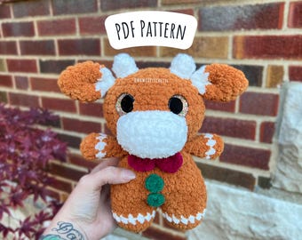 Low Sew Gingerbread Cow Crochet Pattern, Christmas Amigurumi Instructions, Crochet Cow, Farm Animal, Cute Gift