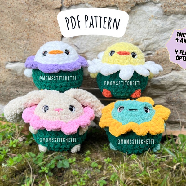 No Sew Flower Chonks Crochet Pattern, Bunny, Frog, Chick, and Duck Amigurumi Instructions, Animal Crochet Pattern, Spring Crochet