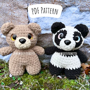 May include: PDF pattern for crocheting a brown bear and a black and white panda plush toy. Both toys have large, colorful eyes and are standing on a bed of green moss.