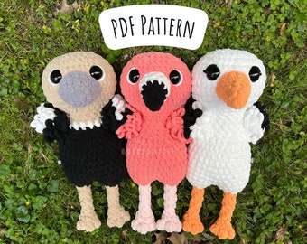 Low Sew Tall Birds Crochet Pattern Bundle, Flamingo, Autruche, Cigogne, Instructions Amigurumi, Crochet Plushie, Cadeau d'anniversaire