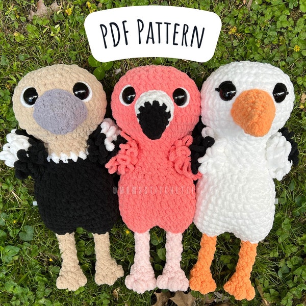 Low Sew Tall Birds Crochet Pattern Bundle, Flamingo, Ostrich, Stork, Amigurumi Instructions, Crochet Plushie, Birthday Gift