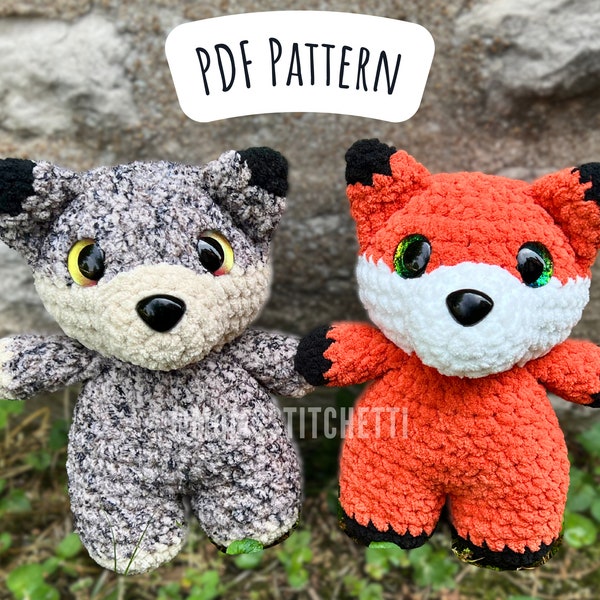 Patrón de ganchillo de zorro y lobo, instrucciones de Amigurumi de costura baja, zorro de ganchillo, animal del bosque, lindo regalo de cumpleaños