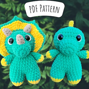 Paquete de patrones de crochet de triceratops y T-Rex de costura baja, instrucciones de amigurumi, dinosaurio de crochet, peluche de tiranosaurio rex, lindos regalos