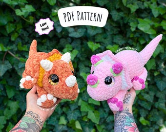 Low Sew Triceratops Crochet Pattern, Dinosaur Amigurumi Instructions, Strawberry Dinosaur, Cute Birthday Gift