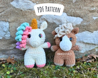 Modèle au crochet licorne et cheval, instructions de couture basse pour amigurumi, peluche animaux de la ferme, poney au crochet, cadeau d'anniversaire mignon