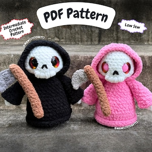 May include: Two crocheted plush figures, one in black and one in pink, each wearing a hooded robe and holding a brown scythe with a gray blade. Both have white skull faces with large, glossy eyes. Text reads: PDF Pattern, Intermediate Crochet Pattern, Low Sew.