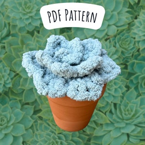 May include: A crocheted succulent plant in a terracotta pot. The plant is light blue and resembles a rosette. The background is a blurred image of green succulents.