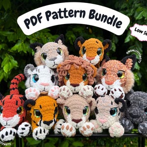 May include: A collection of handmade crochet animal plushies, including a tiger, lion, and elephant. The plushies are in various colors, such as orange, tan, and gray, with large, expressive eyes. The image includes text that reads "PDF Pattern Bundle" and "Low Sew".
