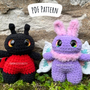 May include: Two crocheted stuffed toys, a ladybug and a butterfly, with large eyes. The ladybug is black with red accents and the butterfly is purple with pink accents. The caption reads "PDF PATTERN @MOMSSSTITCHETTI".