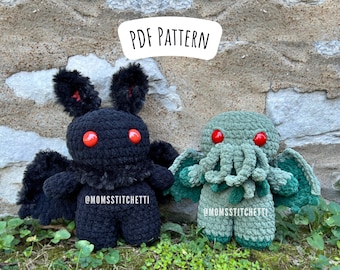 Mothman en Cthulhu haakpatroon, laag naai Amigurumi-instructies, cryptid gehaakte knuffel, schattig verjaardagscadeau