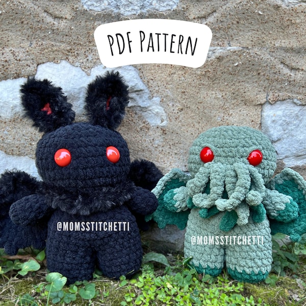Low Sew Mothman and Cthulhu Crochet Pattern Bundle, Halloween Amigurumi Instructions, Cryptid Crochet Plushie, Cute Birthday Gift