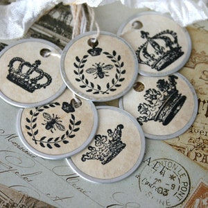 Petite Crown Gift Tags, 1&quot; metal rimmed tags, Vintage Style Tea Stained gift tags