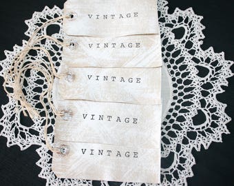 VINTAGE Gift Tags // Large Shabby Chic Tags // Cottage Style Gift Tags // Set of 5 Gift Tags //  Whitewashed "VINTAGE" tags