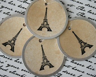 Eiffel Tower Gift Tags, 2 inch metal rimmed tags, Vintage Style Coffee Stained gift tags