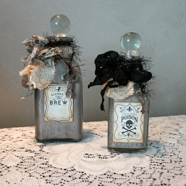 Halloween Potion Bottle Set, Halloween Decor, Silver Halloween Bottles, Poison Potions