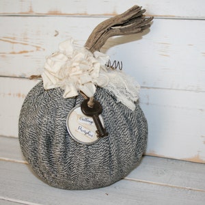 Vintage Pumpkin, Fabric Pumpkin, Black and Beige Pumpkin, Fall Decor, Plush Pumpkin
