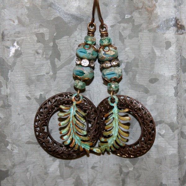 Artisan jewelry, Verdigris earrings, Vintaj jewelry, Patina jewelry, Green blue earrings