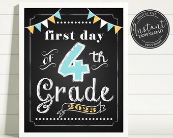 First Day of School Chalkboard Printable Sign Poster - Photo Prop - Fourth 4th Grade - Instant Download Digital File - Blue Yellow White