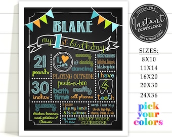 May include: A chalkboard style printable first birthday sign for a boy named Blake. The sign features a blue, green, and orange color scheme and includes details like his weight, height, favorite activities, and words he can say. The sign is customizable with different colors.