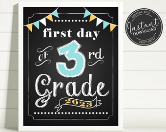 First Day of School Chalkboard Printable Sign Poster - Photo Prop - Third 3rd Grade - Instant Download Digital File - Blue Yellow White