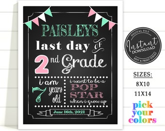 Bricolaje Último día de la escuela Cartel de signo imprimible Niños Niñas Regreso a la escuela Foto Prop con nombre Preescolar Kindergarten 1º 2º 3º 4º 5º Grado