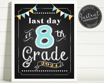 Last Day of School Chalkboard Printable Sign Poster - Photo Prop - Eighth 8th Grade - Instant Download Digital File - Blue Yellow White
