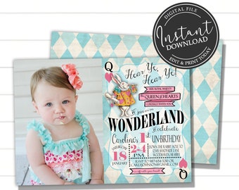 May include: A printable invitation for a first birthday party with a Wonderland theme. The invitation features a cartoon image of the Queen of Hearts and the White Rabbit from Alice in Wonderland. The invitation is decorated with pink hearts and a blue and white chequered pattern. The text on the invitation reads "Hear Ye, Hear Ye!" and "Caroline's 1st Un-Birthday".