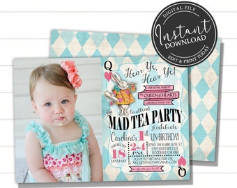 DIY Editable Alice in Wonderland Birthday Photo Invitation | First Birthday ANY age Invite | Mad Tea Party | Printable Digital Download