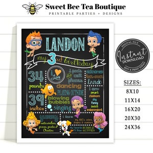 Puede incluir: Un cartel de pizarra de cumpleaños imprimible con un personaje de dibujos animados del programa de televisión Bubble Guppies. El cartel está decorado con ilustraciones coloridas e incluye el nombre Landon, la edad 3, y detalles sobre los gustos y disgustos del niño. El cartel está disponible en varios tamaños, incluyendo 8x10, 11x14, 16x20, 20x30 y 24x36 pulgadas.