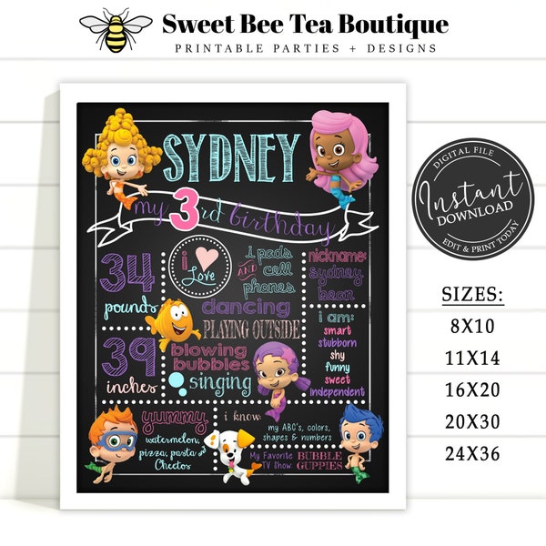 DIY Editable Boys Girls Bubble Guppies Birthday Poster | First Birthday ANY age | Printable Milestone Chalkboard | Corjl Digital Download