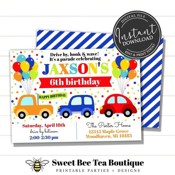 Editable Drive By Parade Birthday Invitation | Quarantine Stay At Home Party | Invite ANY age | Printable Template | Corjl Digital Download