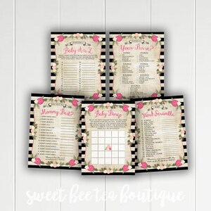 Puede incluir: Un conjunto de tarjetas de juego de baby shower imprimibles con rayas blancas y negras, flores rosas y blancas y un borde floral. Los juegos incluyen "Baby A to Z", "Mommy Best", "Baby Bingo", "Your Purse" y "Word Scramble".