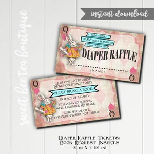 Alice au pays des merveilles Baby Shower Invitation Inserts - Garçon ou Fille - Demande de livre imprimable et billets de tombola de couches - Rose - Mad Tea Party
