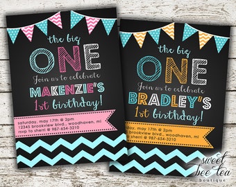 Baby Boy or Girl Birthday Invitation - Printable Invite - First 1st Birthday One - Chalkboard - Polka Dot Chevron - Bunting Flags