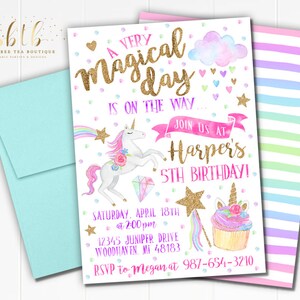 Unicorn Birthday Invitation - Printable Photo Invite - Gold Rainbow Glitter Watercolor Digital File - Girls Unicorns Invites Invitations