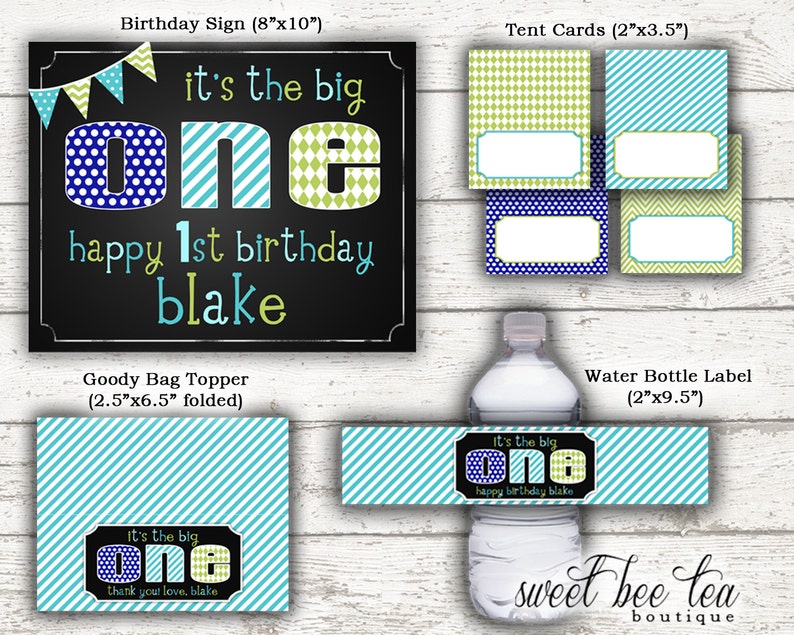 Baby Boys Birthday Invitation Invite Blue Green Red Printable Party Package First 1st Birthday One Boy Chalkboard Polka Dot Chevron image 3