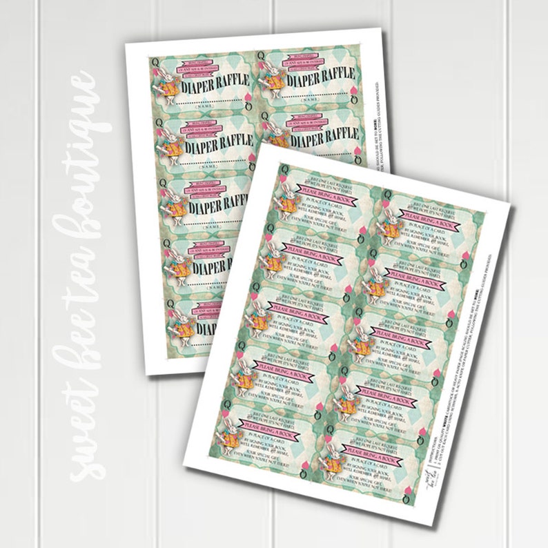 Alice in Wonderland Baby Shower Invitation Inserts Boy or Girl Printable Book Request & Diaper Raffle Tickets Green Mad Tea Party image 2