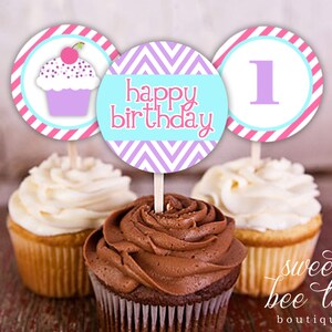 Custom Cupcake Topper - Baby Girl - Printable First 1st Birthday Party One - Pink Purple Blue Chevron - Digital - Any Age Complete Package