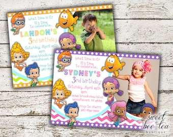 Boys or Girls Bubble Guppies Birthday Party Invitation - Any Age - Photo Invite - Baby First 1st Birthday One - Chalkboard - Guppy
