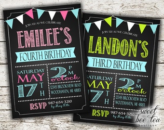 Boy or Girl Birthday Invitation - Any Age - Printable Invite - Pink Blue Green - Bunting Flags - Chalkboard - Polka Dot