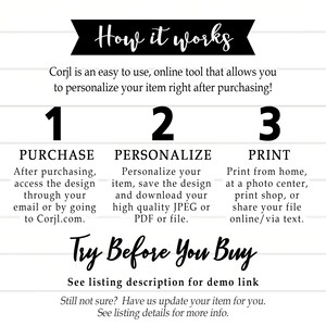 Puede incluir: Un gr&aacute;fico blanco y negro con el texto "How it works" en una pancarta negra. El gr&aacute;fico explica los pasos para comprar, personalizar e imprimir un dise&ntilde;o digital utilizando Corjl.com. El texto "Try Before You Buy" est&aacute; en una fuente grande y en negrita. El texto "See listing description for demo link" est&aacute; debajo del texto "Try Before You Buy". El texto "Still not sure? Have us update your item for you. See listing details for more info." est&aacute; debajo del texto "See listing description for demo link".