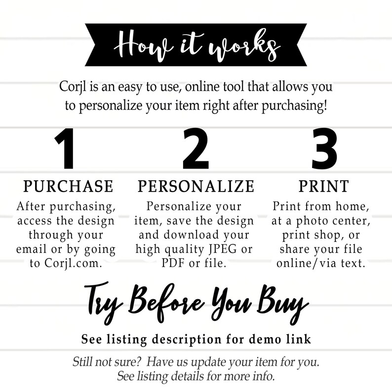 Puede incluir: Un gr&aacute;fico blanco y negro con el texto "How it works" en una pancarta negra. El gr&aacute;fico explica los pasos para comprar, personalizar e imprimir un dise&ntilde;o digital utilizando Corjl.com. El texto "Try Before You Buy" est&aacute; en una fuente grande y en negrita. El texto "See listing description for demo link" est&aacute; debajo del texto "Try Before You Buy". El texto "Still not sure? Have us update your item for you. See listing details for more info." est&aacute; debajo del texto "See listing description for demo link".